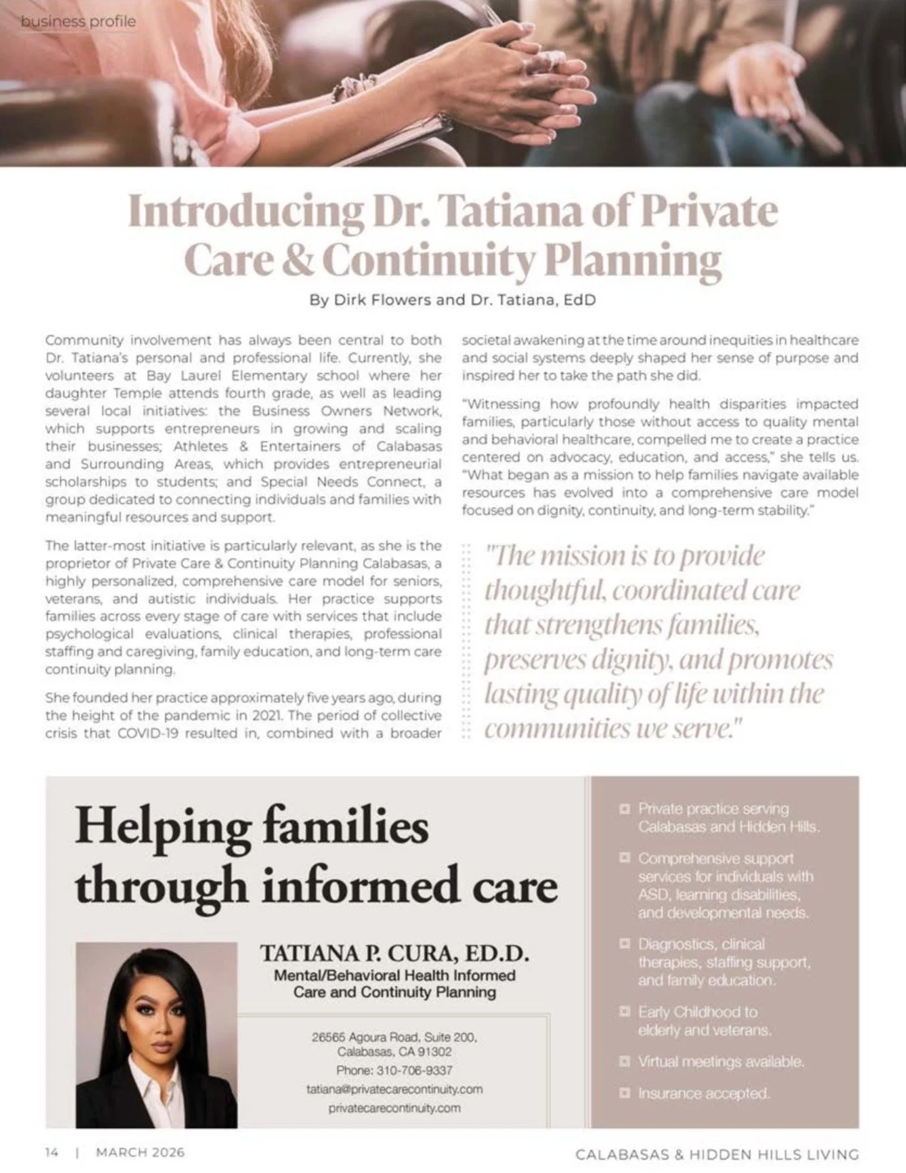 As Featured in Calabasas &amp; Hidden Hills Living: A Commitment to Care, Continuity &amp; Community
