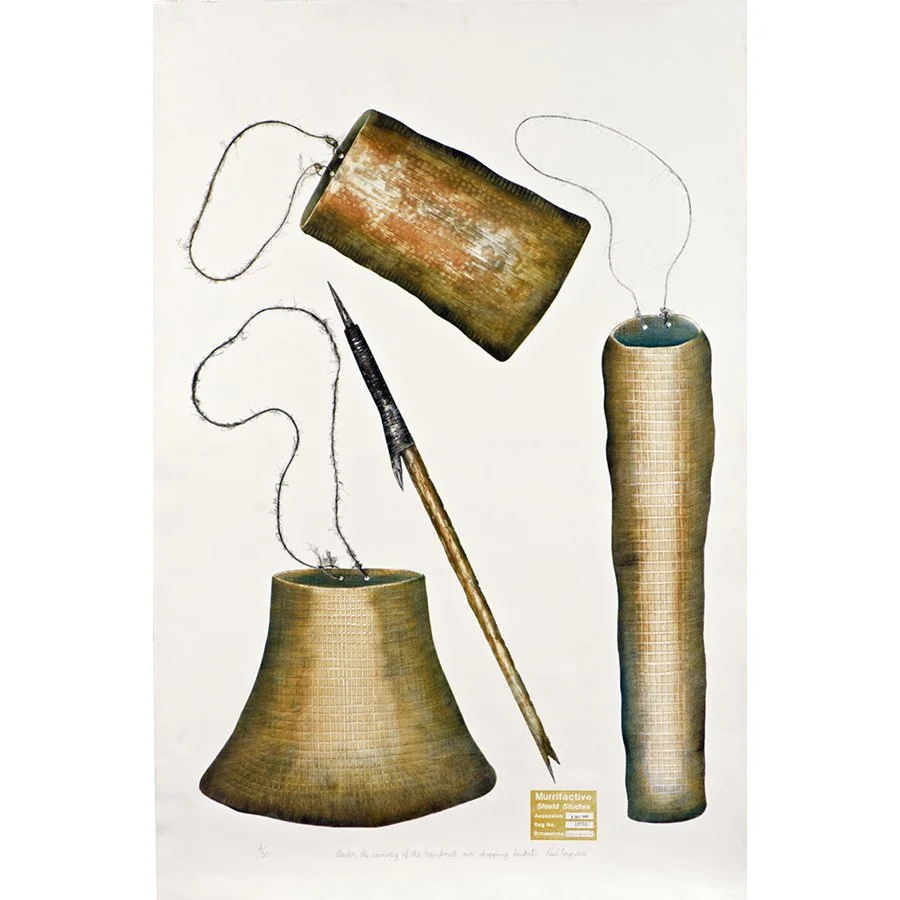 Painting of three traditional Aboriginal woven vessels and a spear.