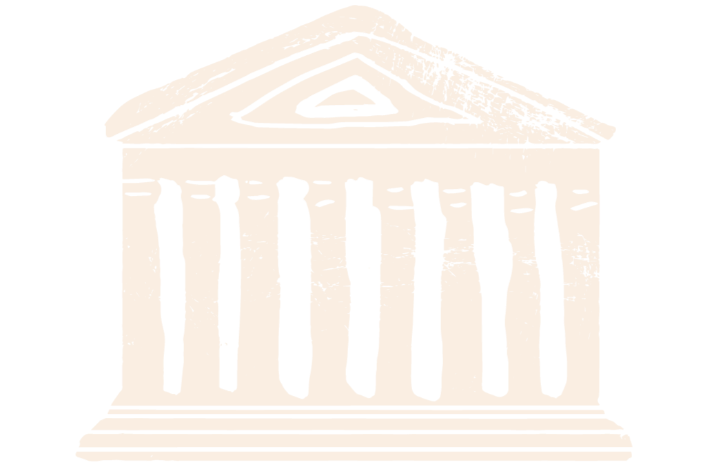 Illustration of a classical building with columns and a triangular pediment.