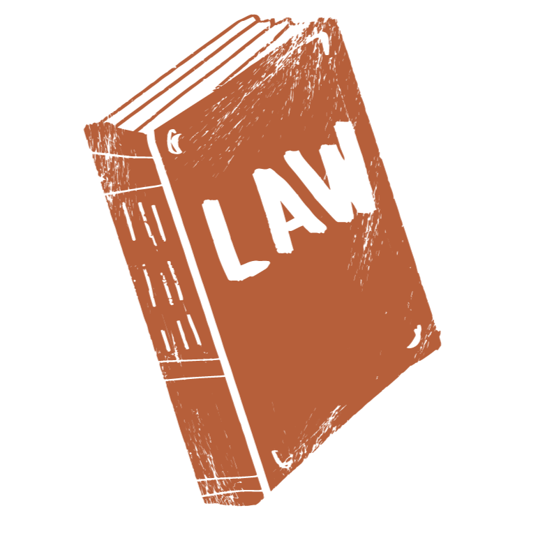 A brown book with the letters "LAW" written on the cover in black.