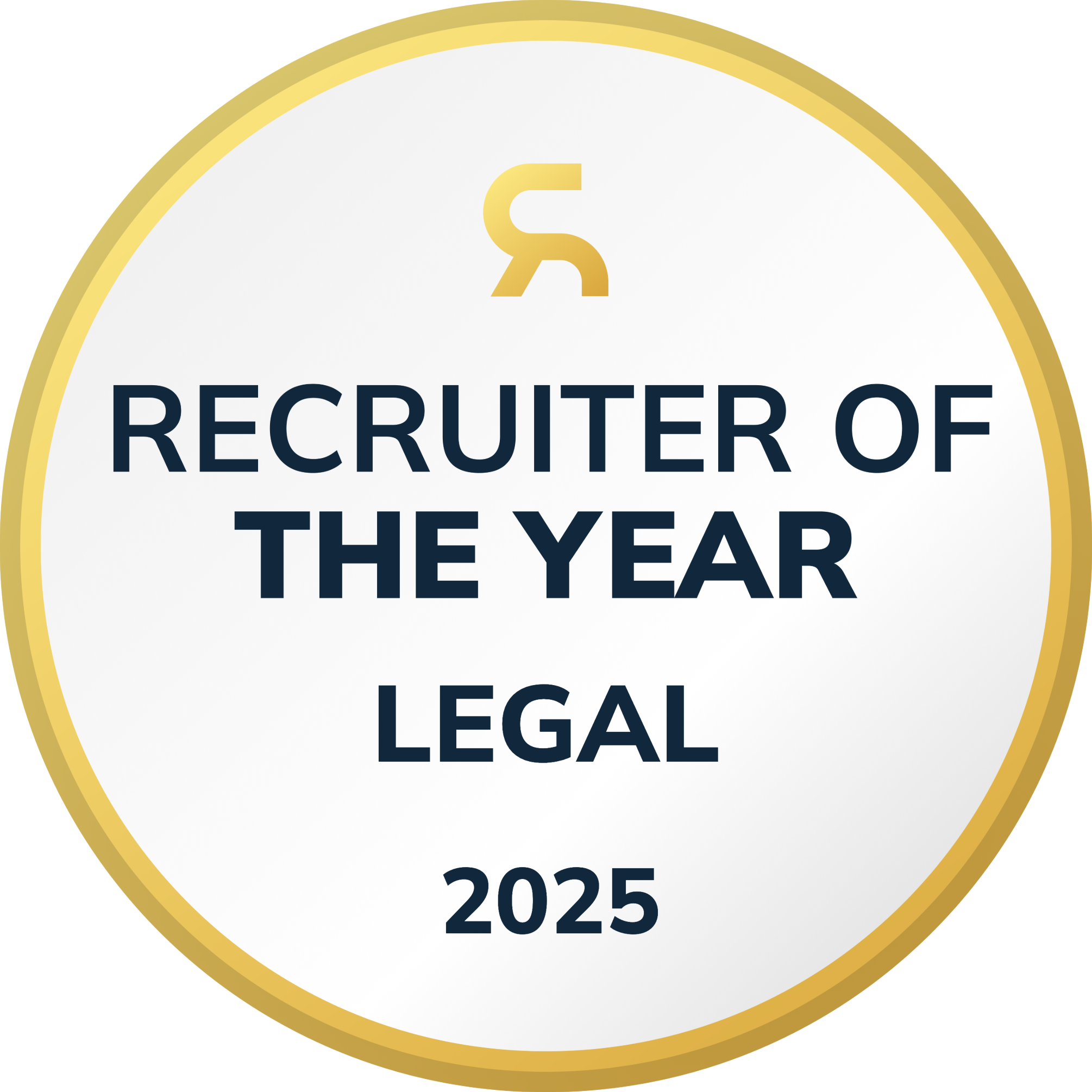 Gold and silver medal badge with Levi's logo at the top, reading 'Recruiter of the Year Legal 2025' in bold dark blue text.