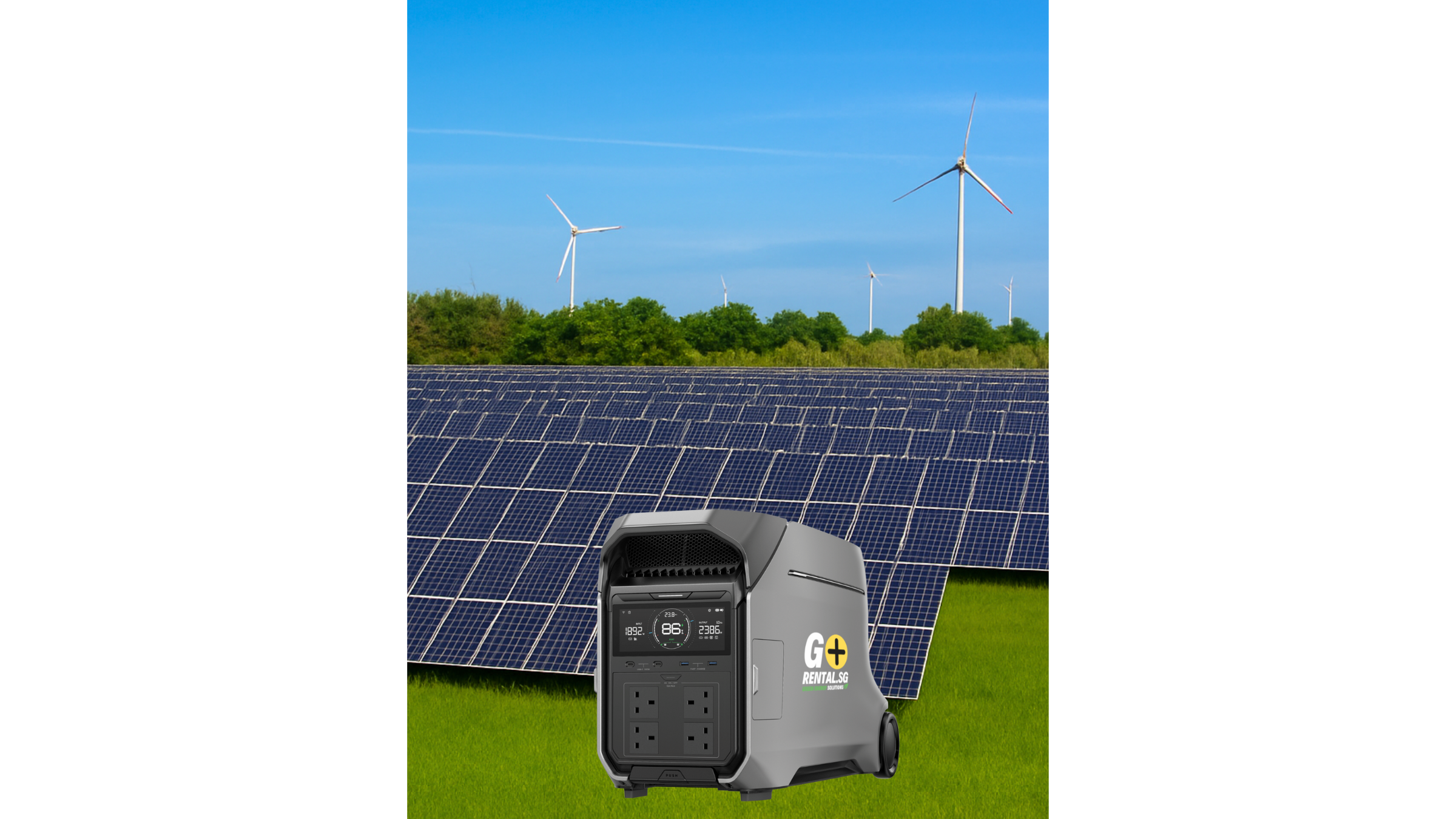 GoRental battery generator recharging in a field of solar panels and wind turbines.