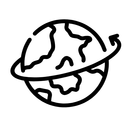 Simple black and white line drawing of the Earth with a curved arrow circling it.