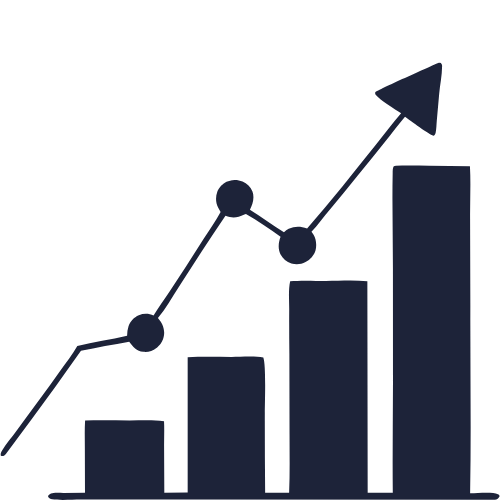 A black and white bar chart with increasing bars and a rising arrow indicating growth or success.