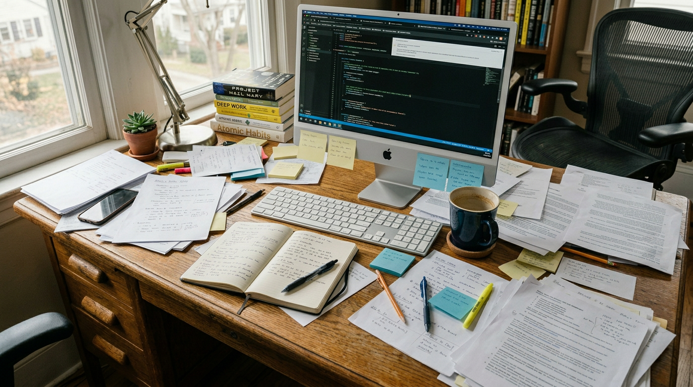 Cluttered home office desk with an iMac displaying code, surrounded by notebooks, sticky notes, printed documents, books on productivity, a keyboard, pens, and a coffee mug by a window.