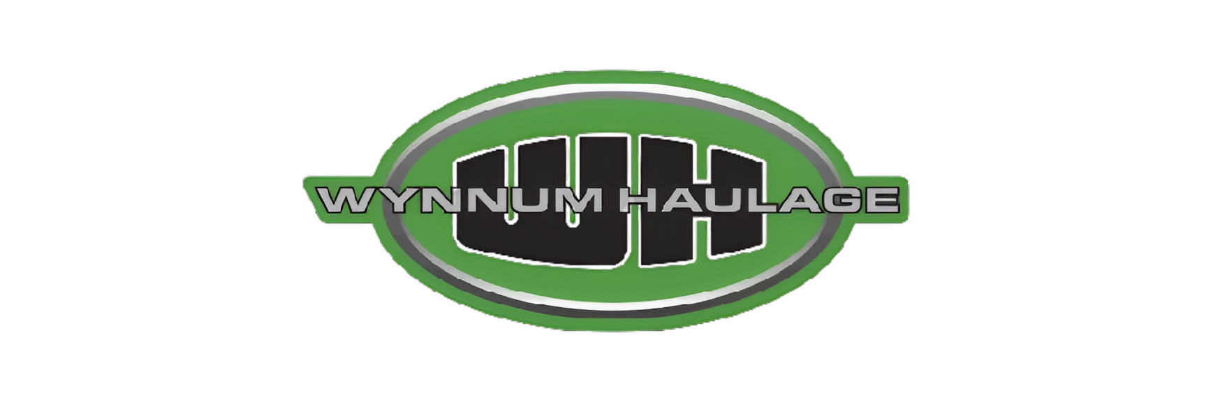 Logo for Wynnum Haulage with a black and white stylized truck inside a green and gray oval