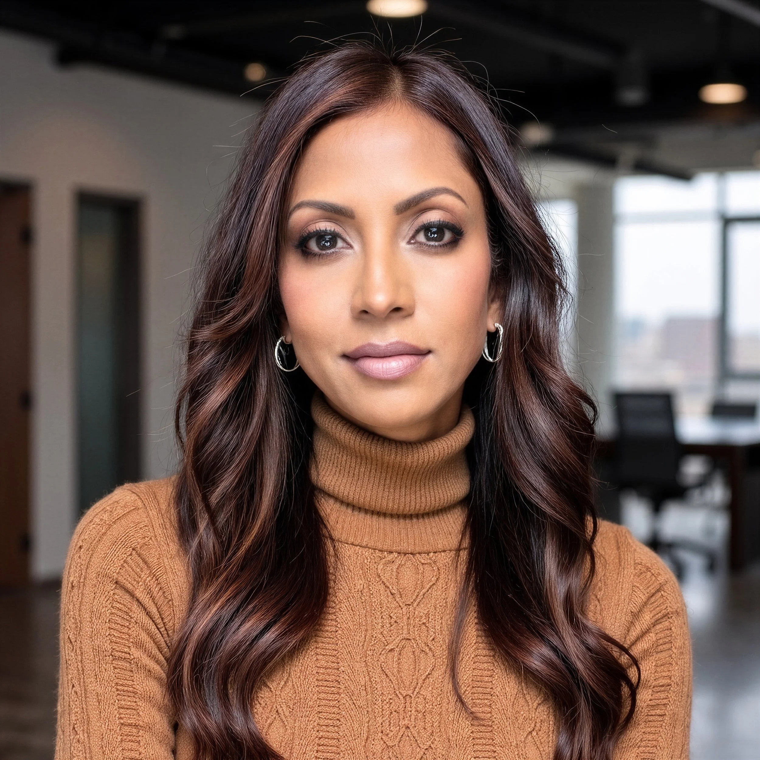 A woman with long, wavy brown hair wearing a tan turtleneck sweater, in a modern indoor setting with black ceiling and windows in the background.
