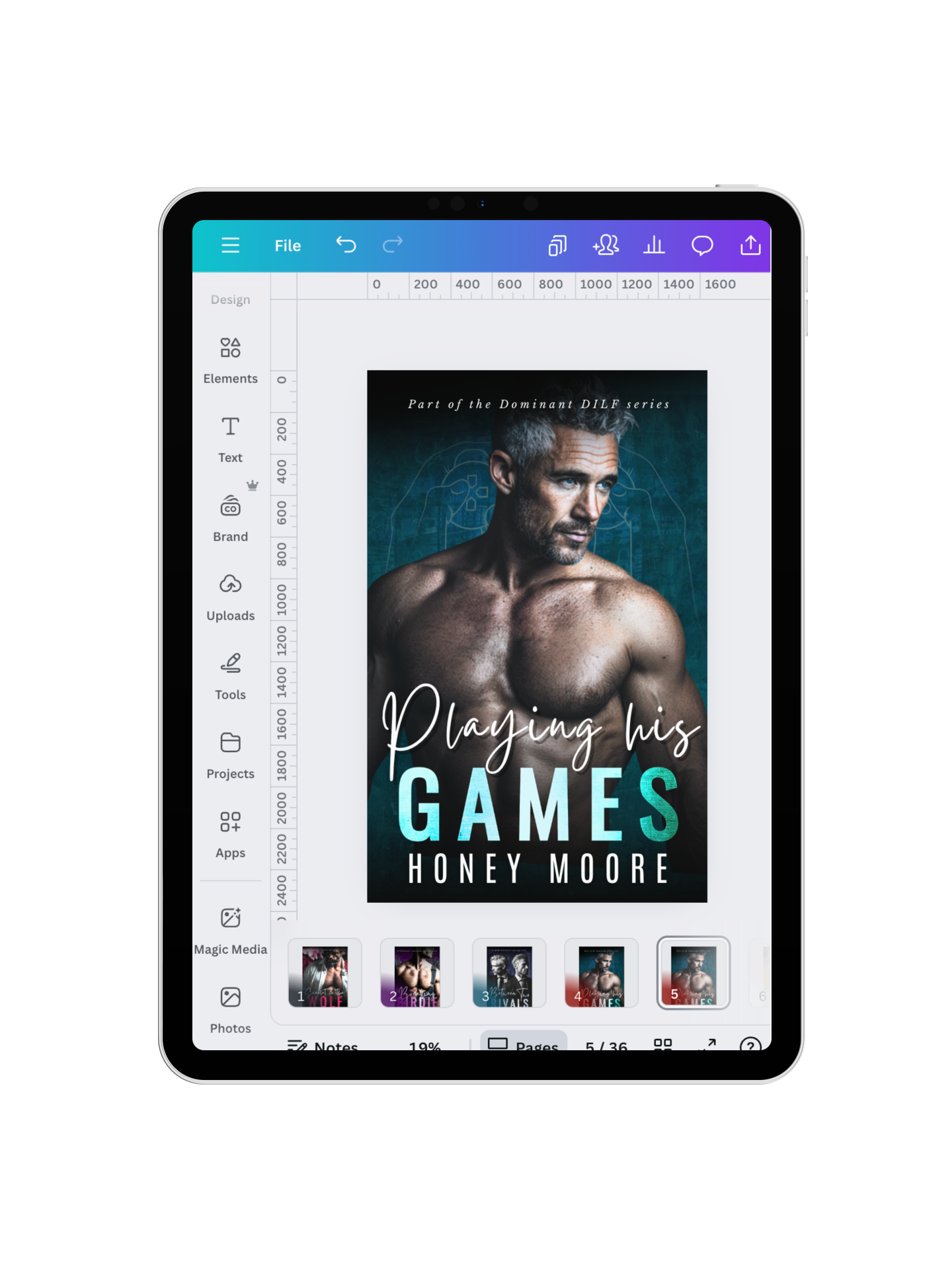 Book cover titled 'Playing his GAMES' by Honey Moore featuring a muscular man with short gray hair looking to the side, with a digital background.