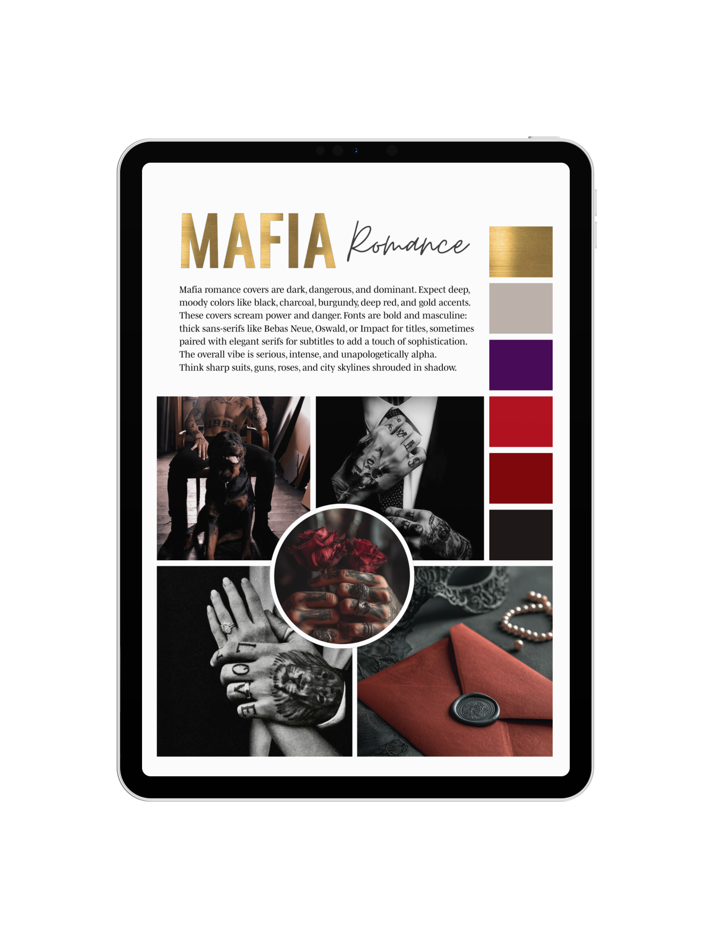 Tablet screen displaying a mood board with the theme 'Mafia Romance,' including dark and bold colors such as gold, gray, purple, red, and black, along with images of tattoos, jewelry, a dog, and a red envelope.