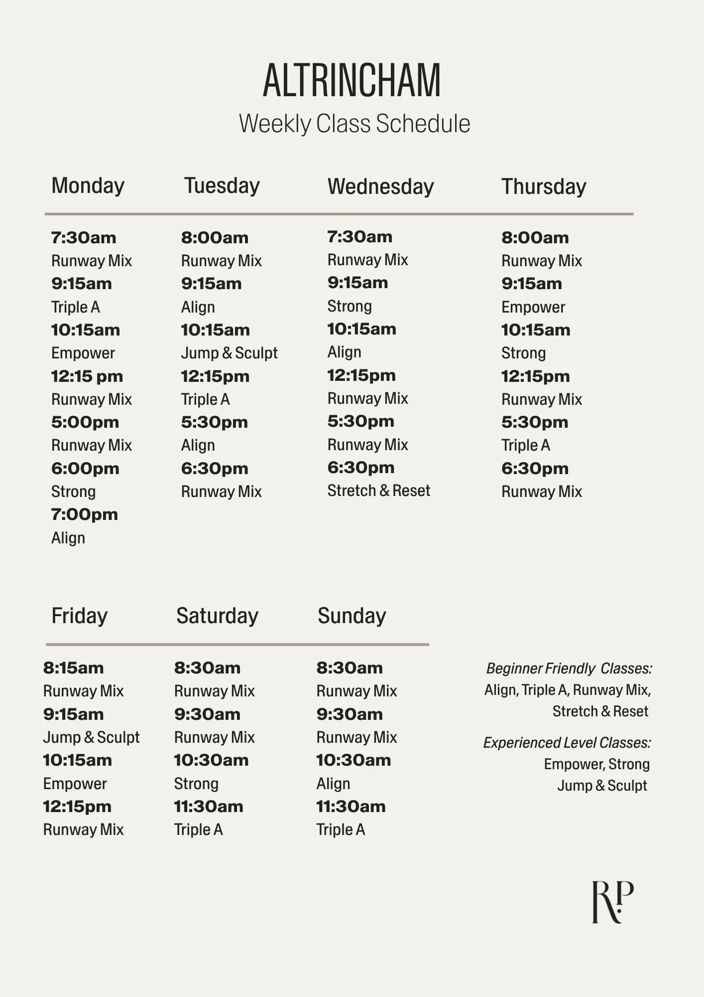 Altrincham weekly class timetable