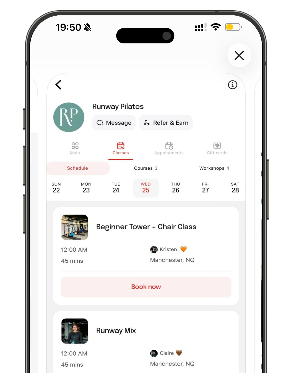 Mobile phone displaying a Pilates class schedule for Runway Pilates, showing upcoming classes on Wednesday the 25th, including Beginner Tower + Chair Class with Kristen and Runway Mix with Claire, both scheduled at 12:00 AM in Manchester, North Queensland.