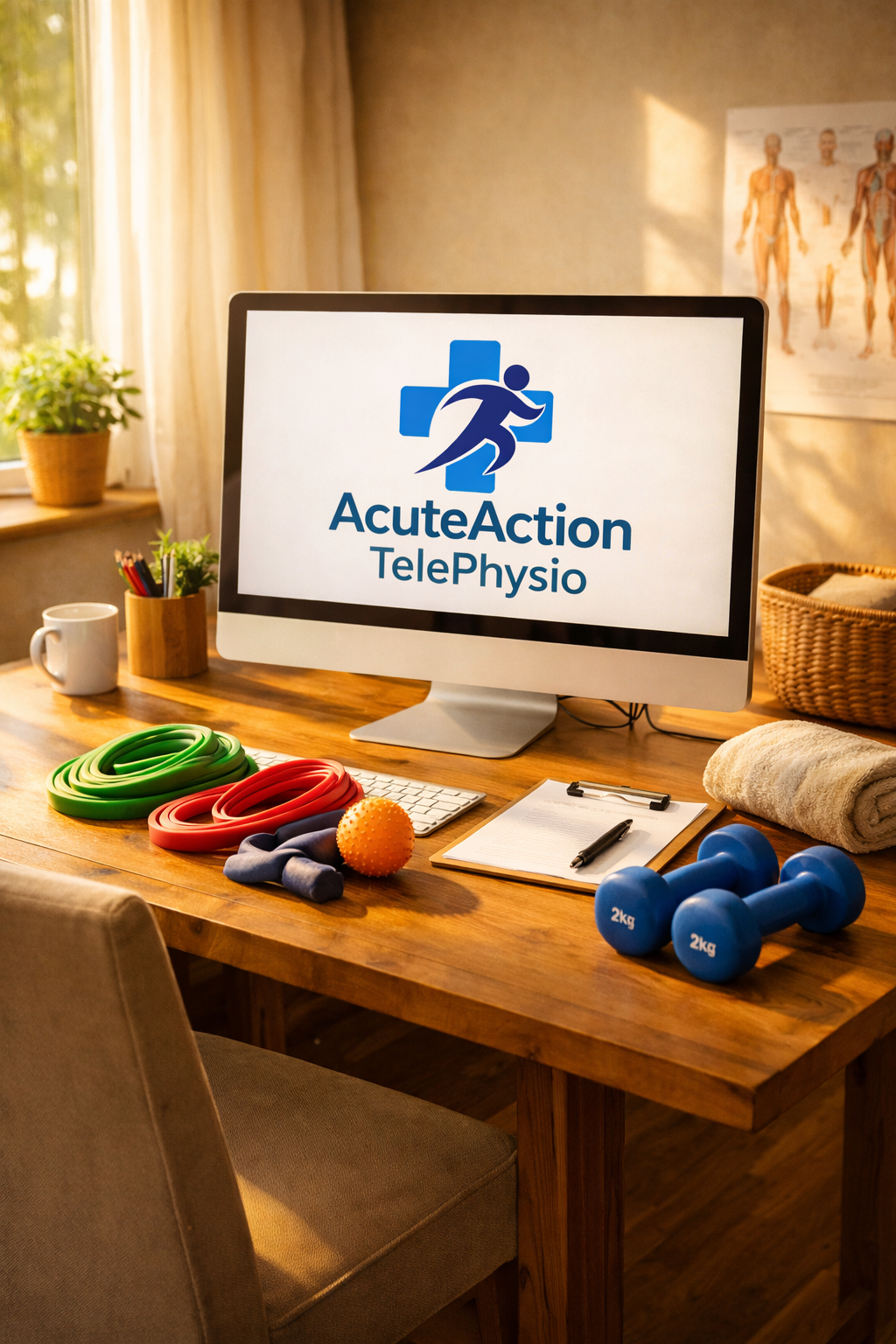 Home office desk with a computer displaying the logo for AcuteAction TelePhysio. The desk has resistance bands, small dumbbells, a stress ball, a notepad with a pen, a towel, and a chair, with a window and medical posters in the background.