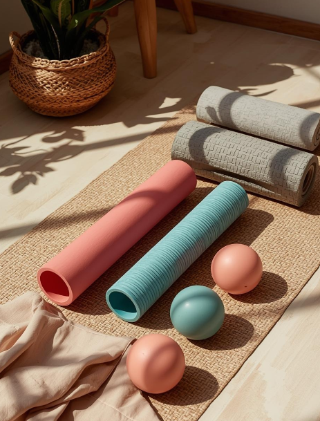 Yoga mats and exercise balls on a mat in a room with sunlight and a potted plant.