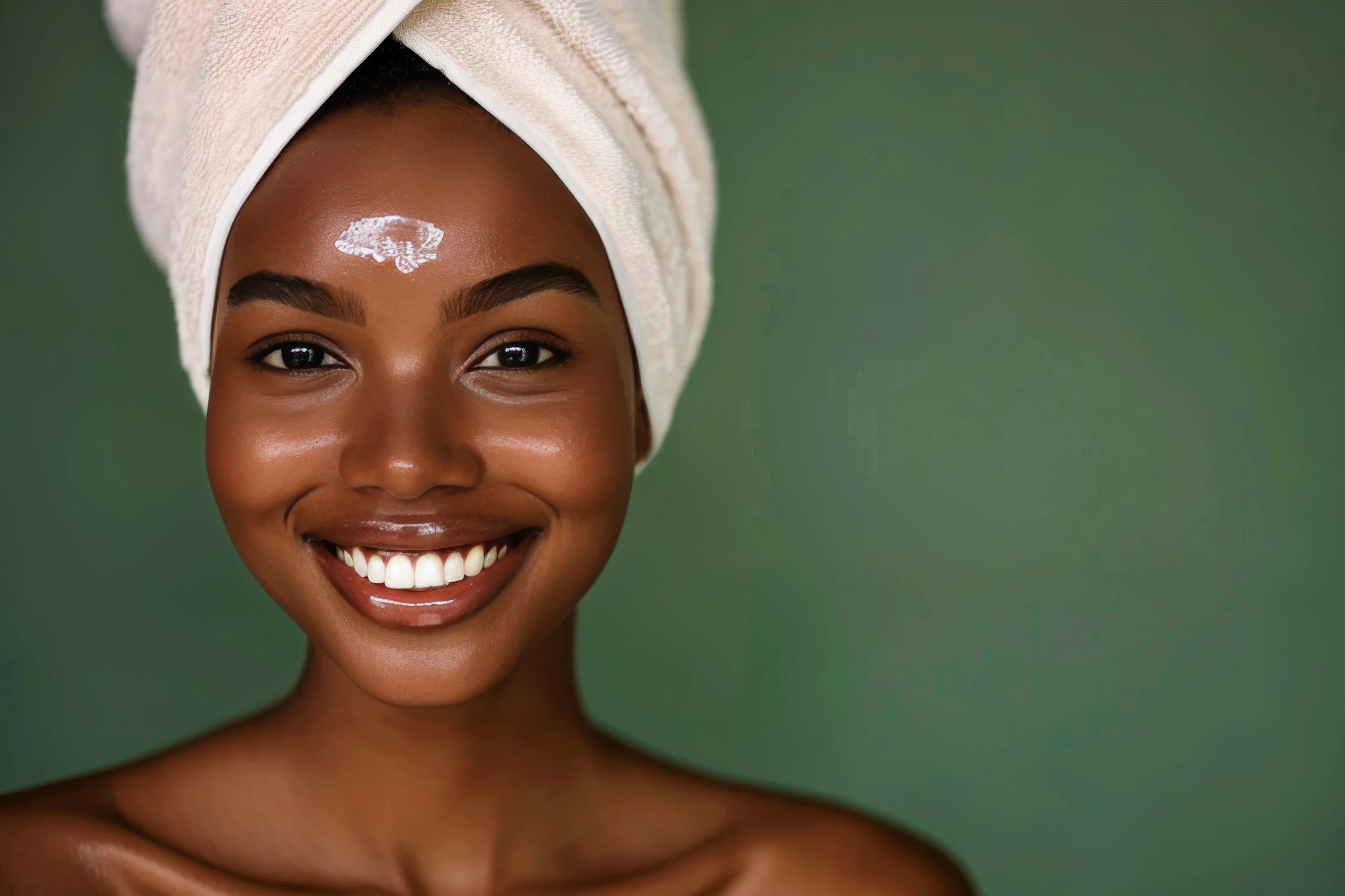 Woman receiving a cosmetic injection in her forehead from a healthcare professional wearing gloves.