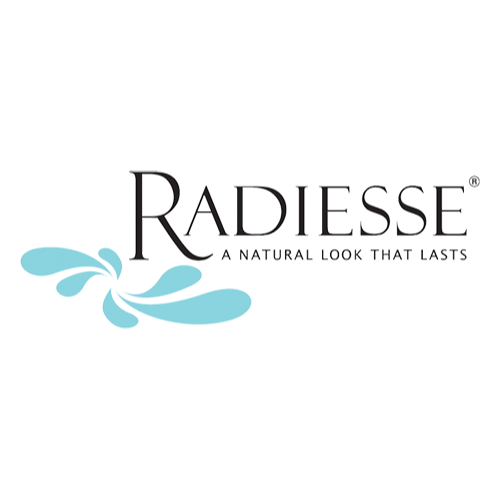 Radiesse logo with slogan 'A Natural Look That Lasts' and a light blue splash design.