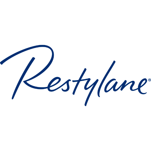 Restylane logo in blue cursive font on white background.