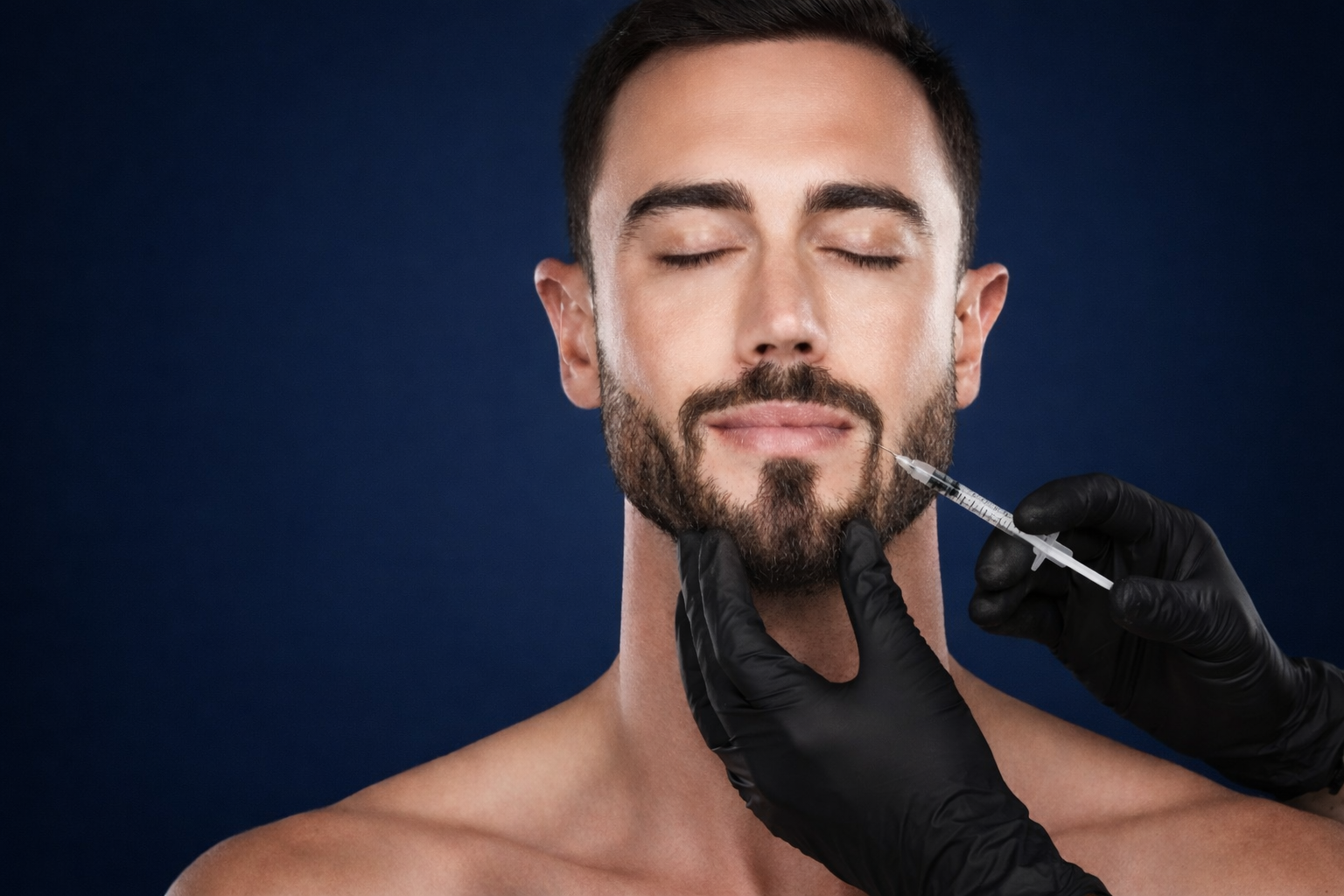 Man receiving a facial injection from a healthcare professional wearing gloves.