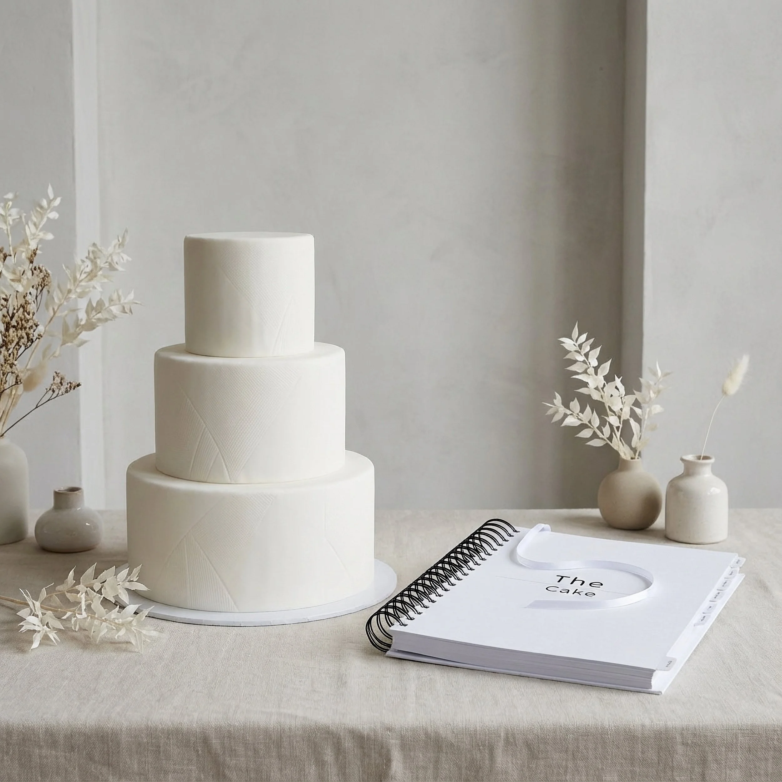 Three-tier white wedding cake on a beige table with white vases and dried foliage, and a guest book titled 'The Cake'.