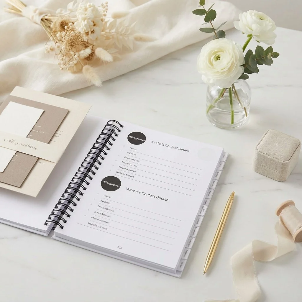 A desk with a floral arrangement, a notebook with contact details, tissue box, golden pen, and decorative items on a white marble surface.