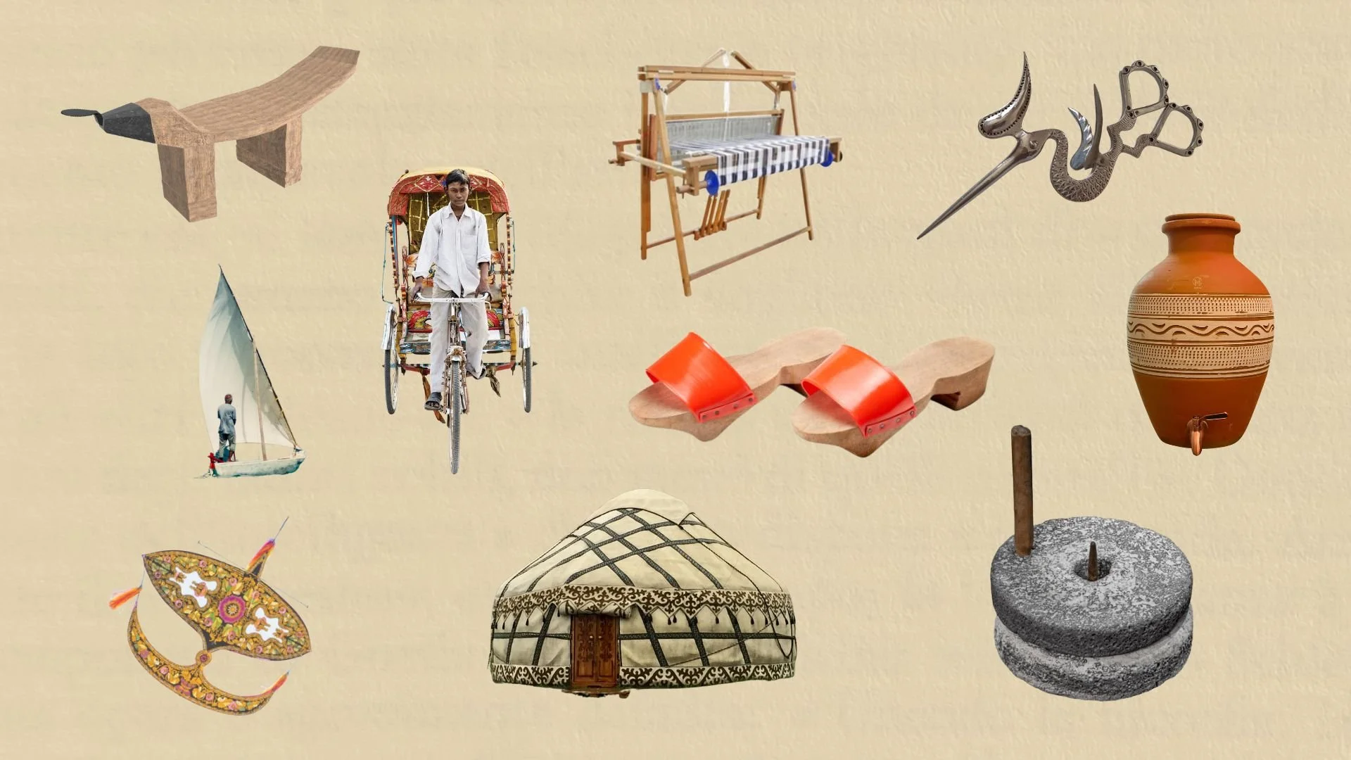 Collection of traditional and modern objects including a wooden bench, a bicycle rickshaw with a man, a woven loom, a snake-shaped decorative knife, a large clay water container, a sailboat, colorful sandals, a yurt, a spinning wheel, a chess piece, and a decorative headband.