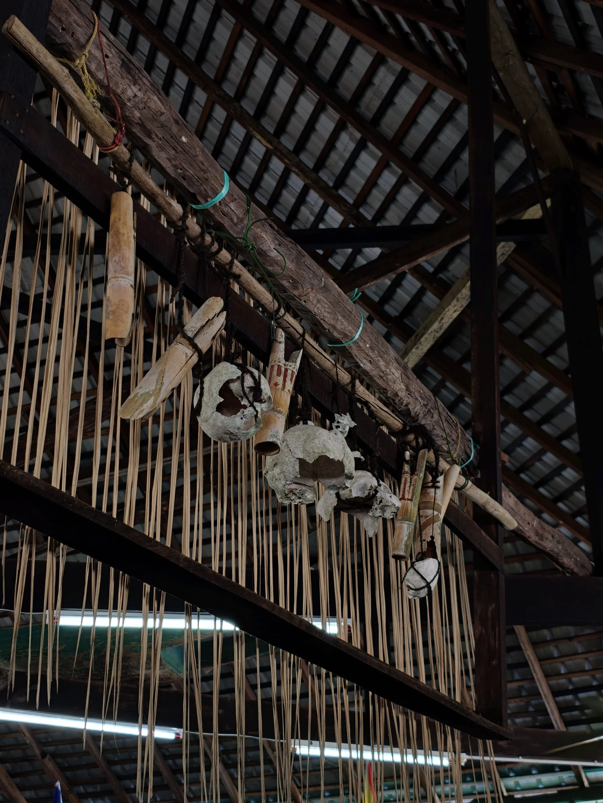 Skulls inside the Panggah at Kampung Benuk kept from the headhunting era before the 1970s. This is part of the village's own history rather than a display for visitors.