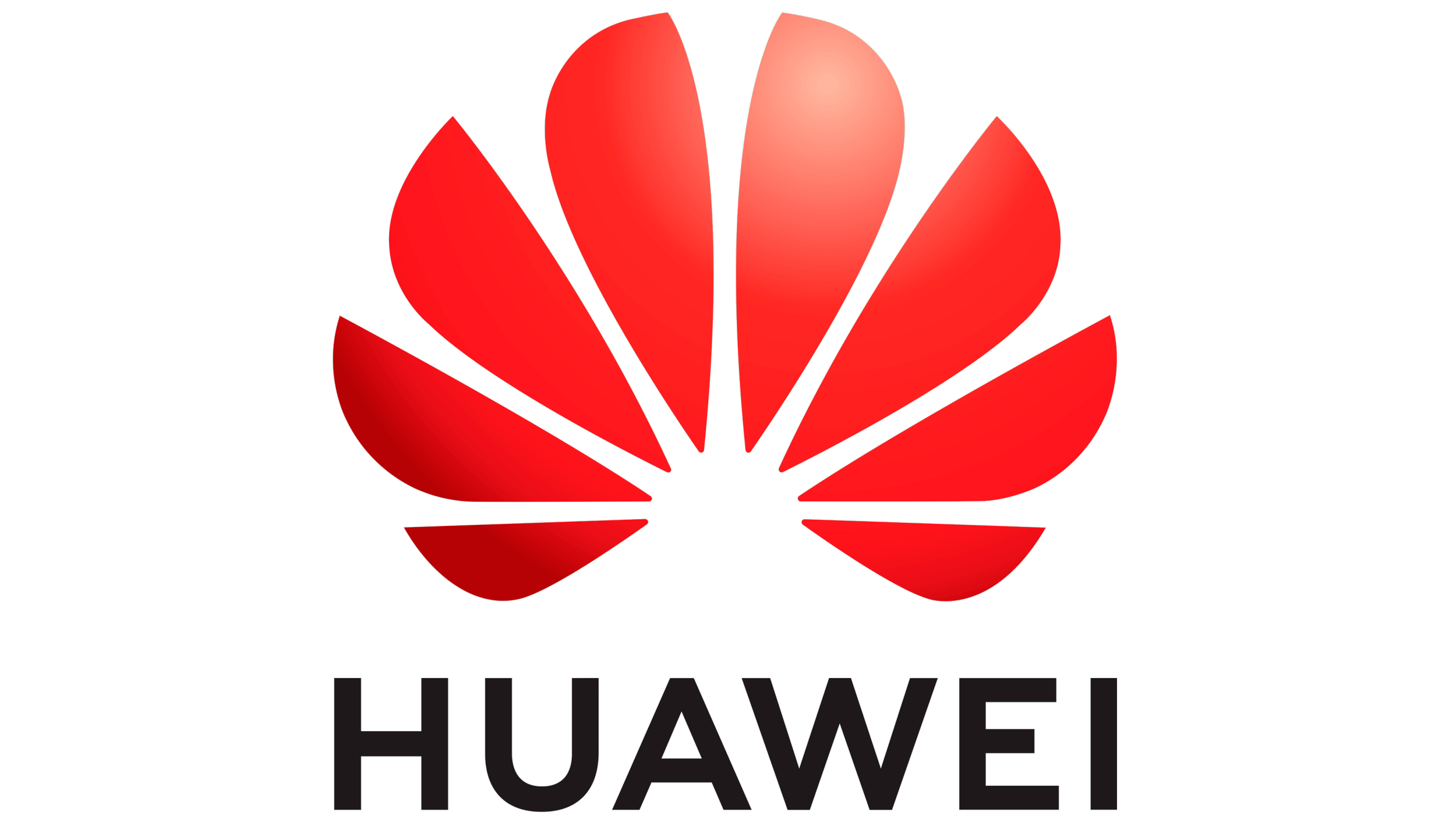 Huawei logo featuring a red, petal-like symbol above the company name in bold black letters.