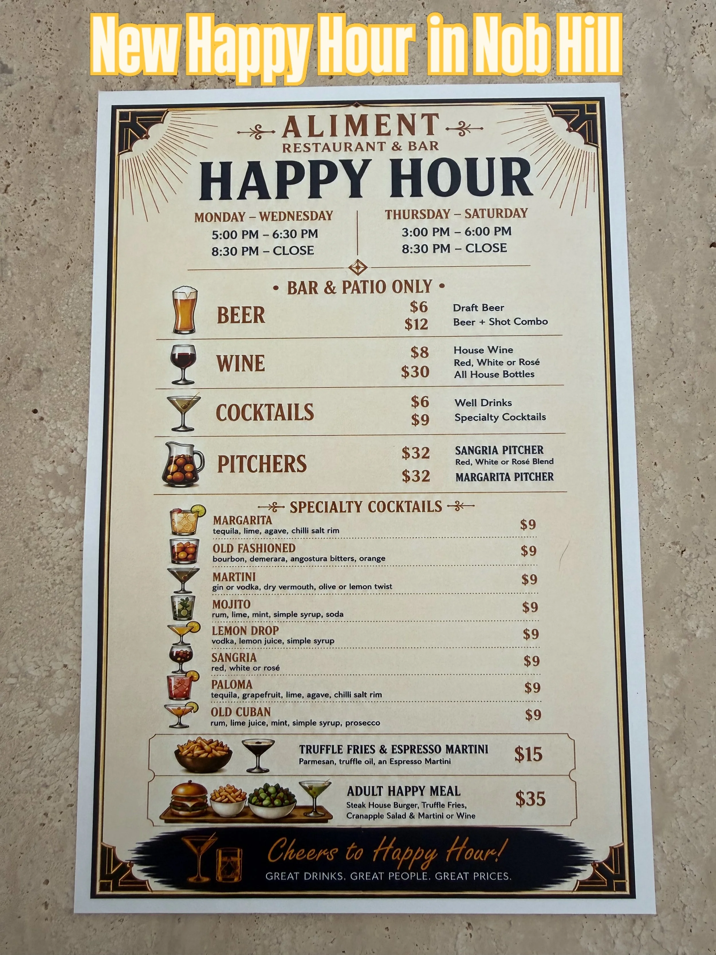 Happy Hour has officially arrived at Aliment. 🍔🍸

Stop by after work, grab a drink, and enjoy your new neighborhood happy hour.

Bar &amp; Patio Only

🕔 Monday&ndash;Wednesday: 5:00 PM &ndash; 6:30 PM
🕒 Thursday&ndash;Saturday: 3:00 PM &ndash; 6: