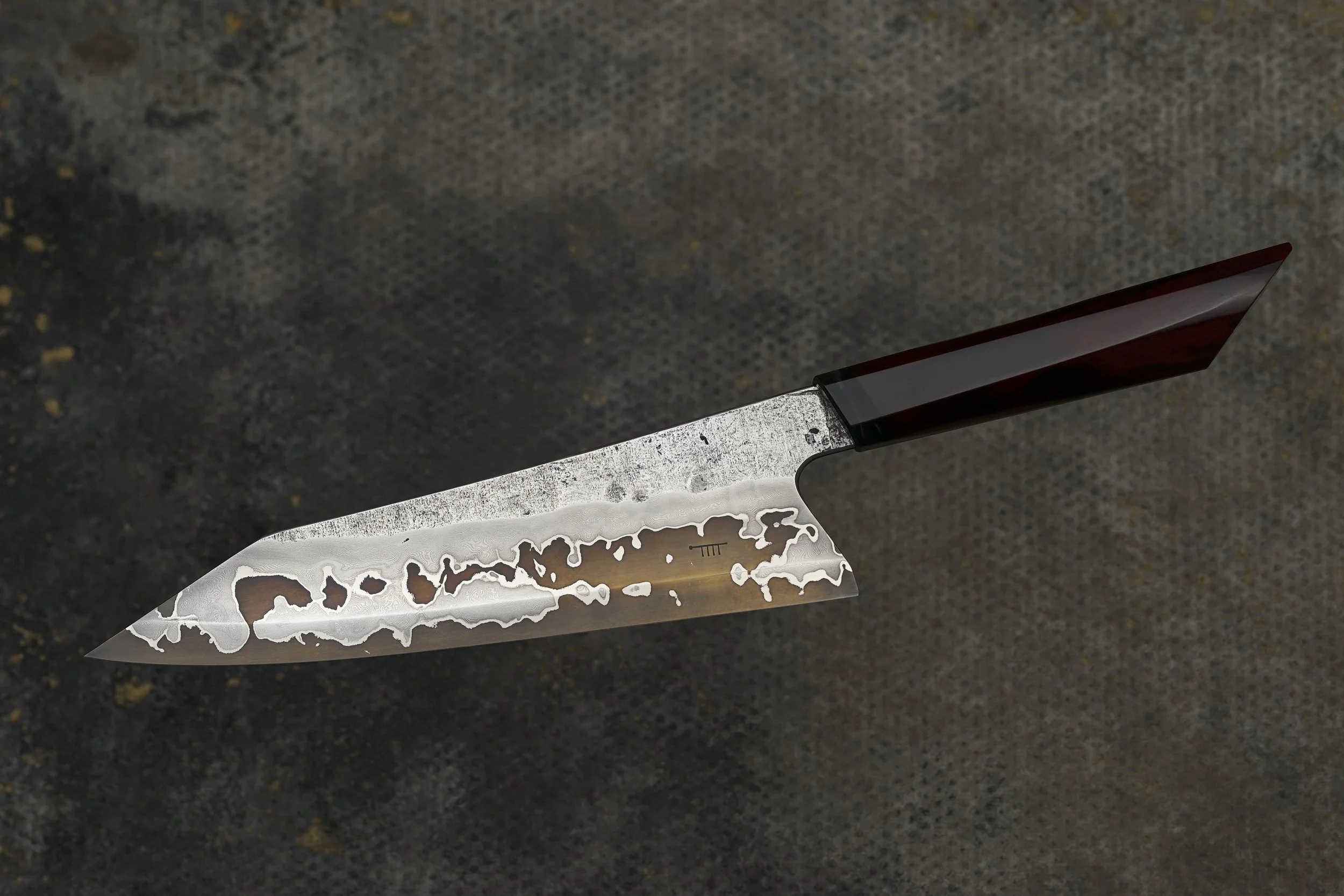 224mm Gyuto Stainless damascus clad Wolfram Core. Ostrich bone handle