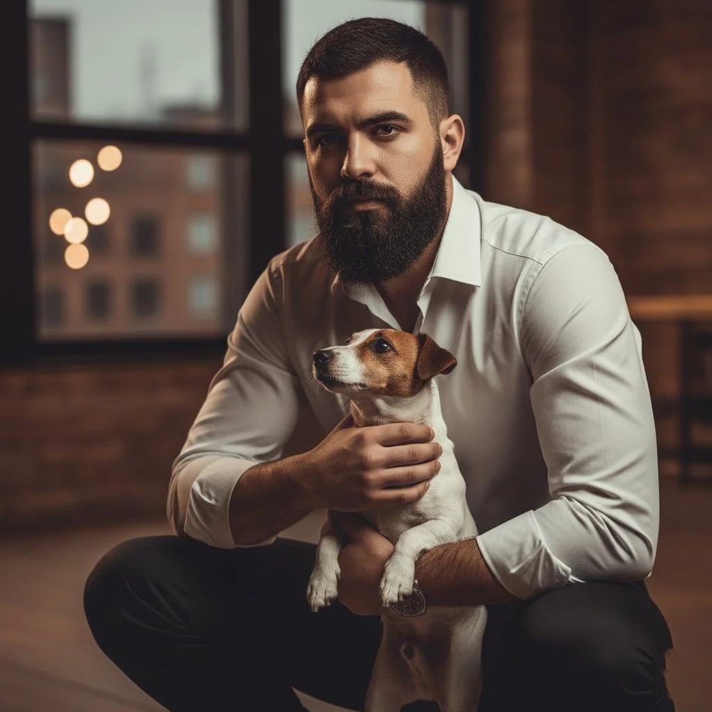 ritratto cinematografico realistico di giovane uomo con jack russell in interno