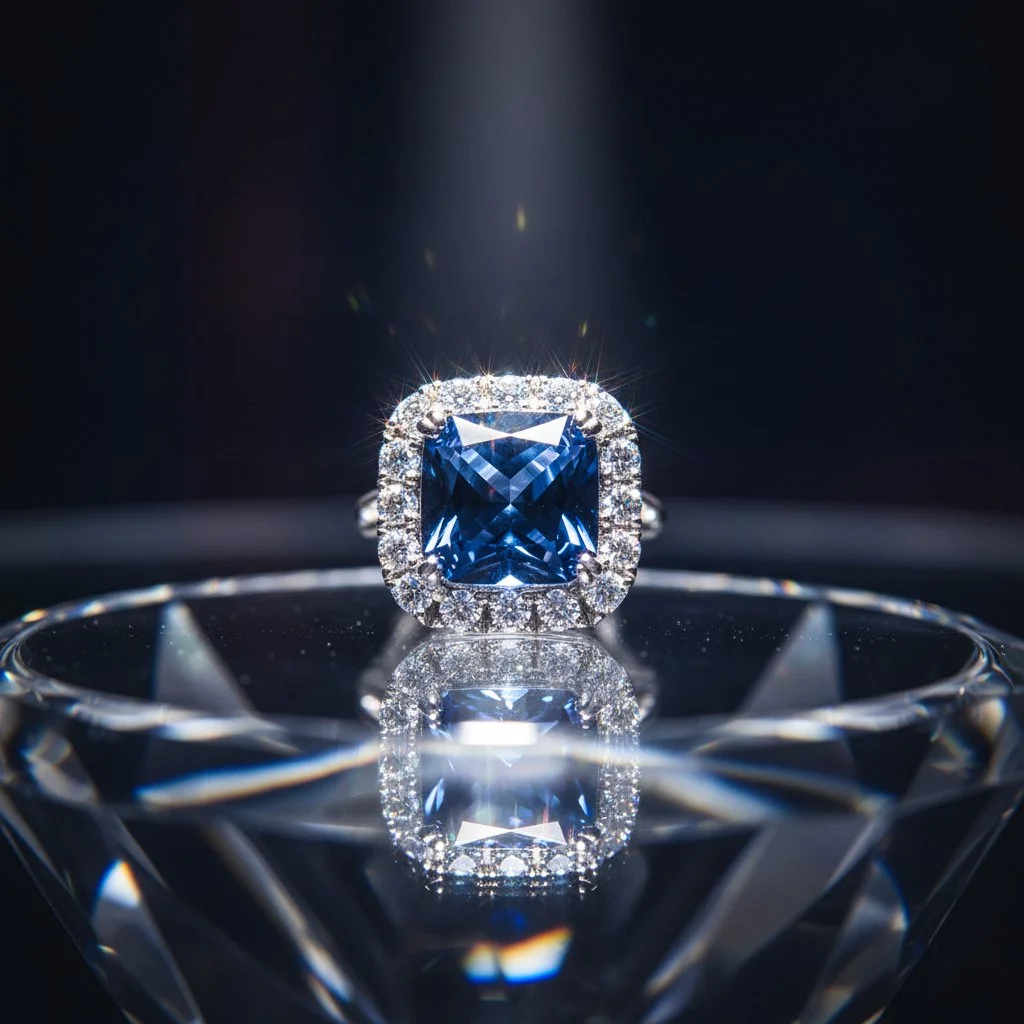 texture anello di diamanti riflesso sul tavolo.