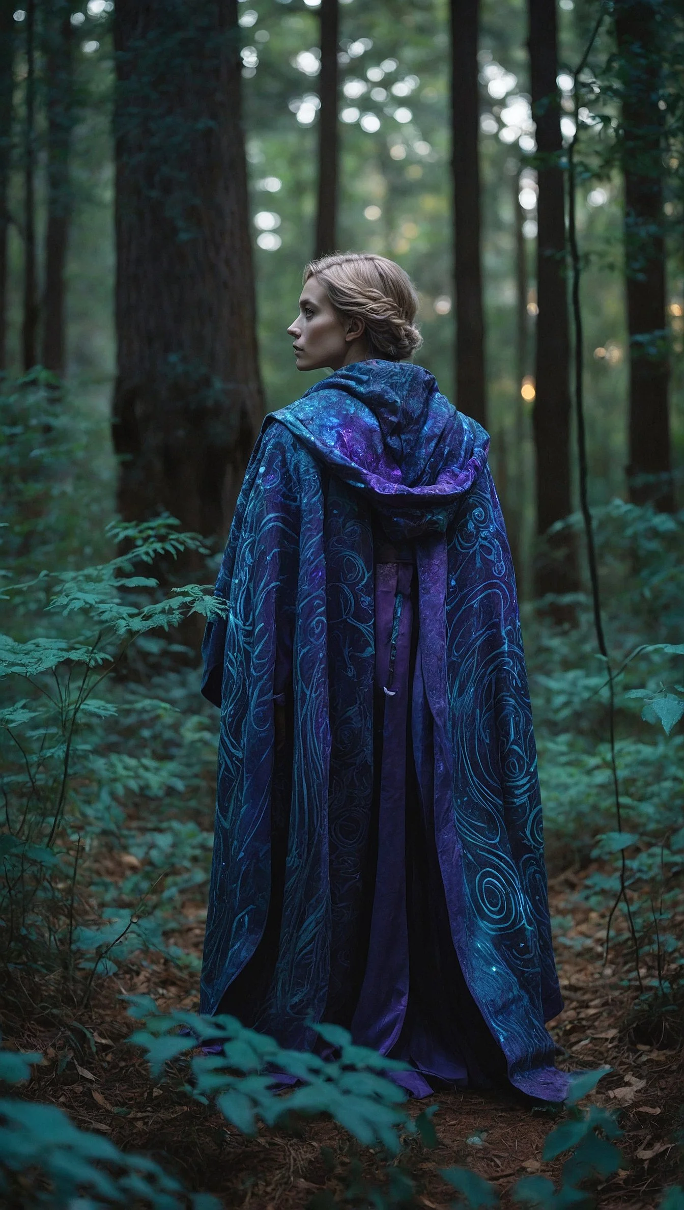 ritratto ambientato di donna di spalle con mantello viola stile realistico.