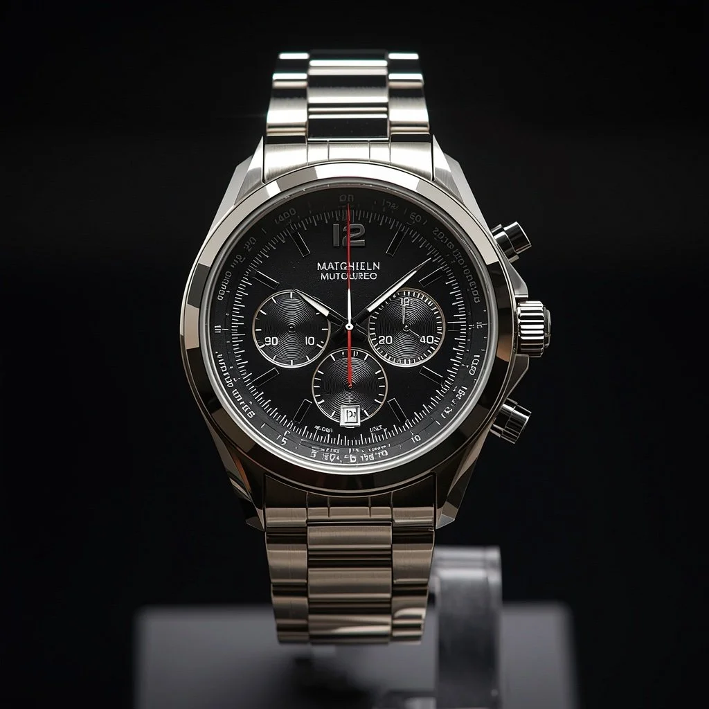 foto macro di orologio su supporto da esposizione corporate