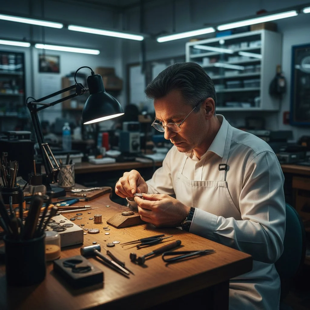 ritratto ambientato di orefice uomo nella bottega