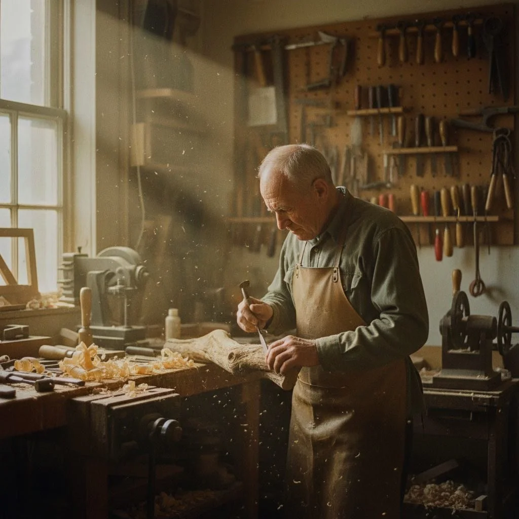 ritratto ambientato di uomo falegname in bottega stile realistico per portfolio professionale