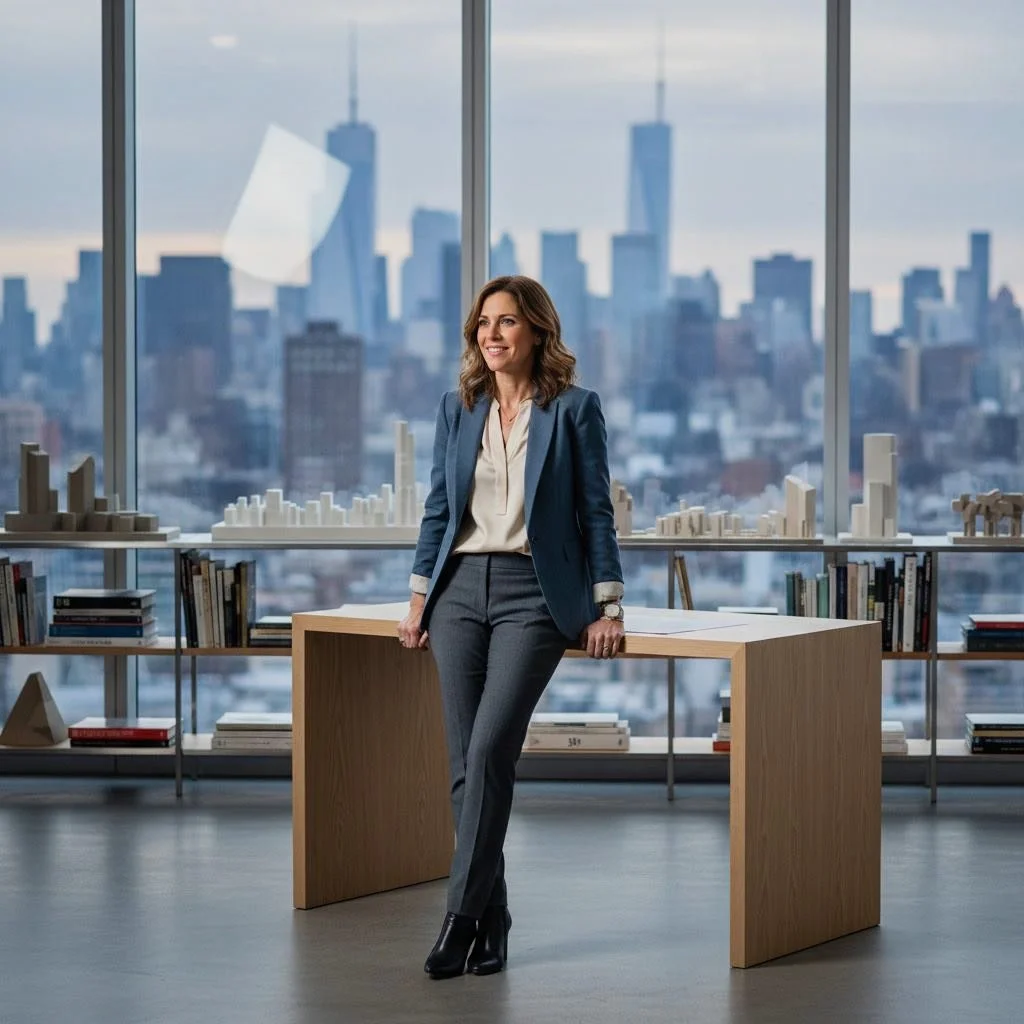 ritratto ambientato di donna manager in ufficio stile corporate.