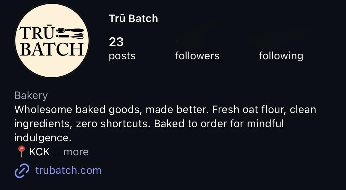 Instagram profile page for Trü Batch bakery with a beige circular logo featuring a spoon and fork, and a bio describing fresh baked goods made with wholesome ingredients.