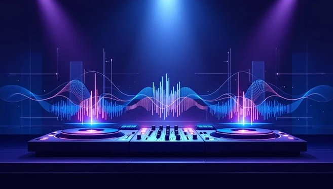 A DJ mixer setup with colorful soundwave graphics projected on a dark stage background.