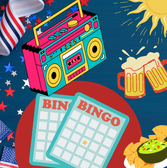 Celebration scene with a colorful retro boombox, two bingo cards, two beer mugs with foam, a bowl of guacamole chips, stars, a sunny sky, and festive decorations.