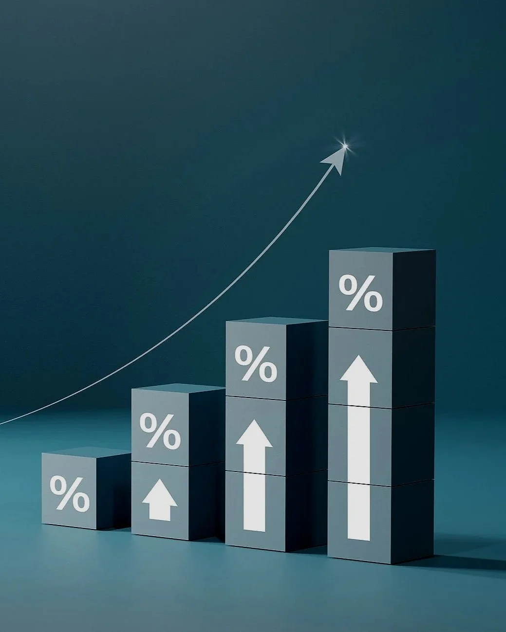 A bar graph with four ascending 3D bars, each marked with a percent symbol and accompanied by an upward-pointing arrow, against a dark blue background. A white upward-sloping line and arrow indicate growth or increase.
