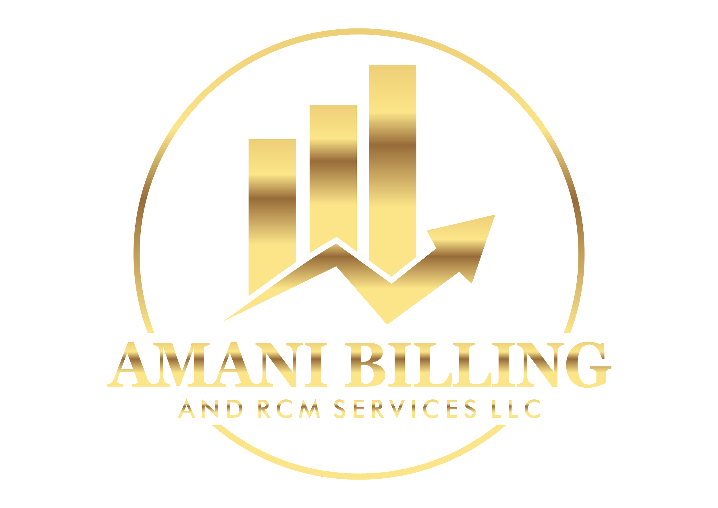 Logo for Amani Billing and RCM Services LLC featuring a circular design, gold and aqua color scheme, bar chart and arrow in the center, with the company name below.