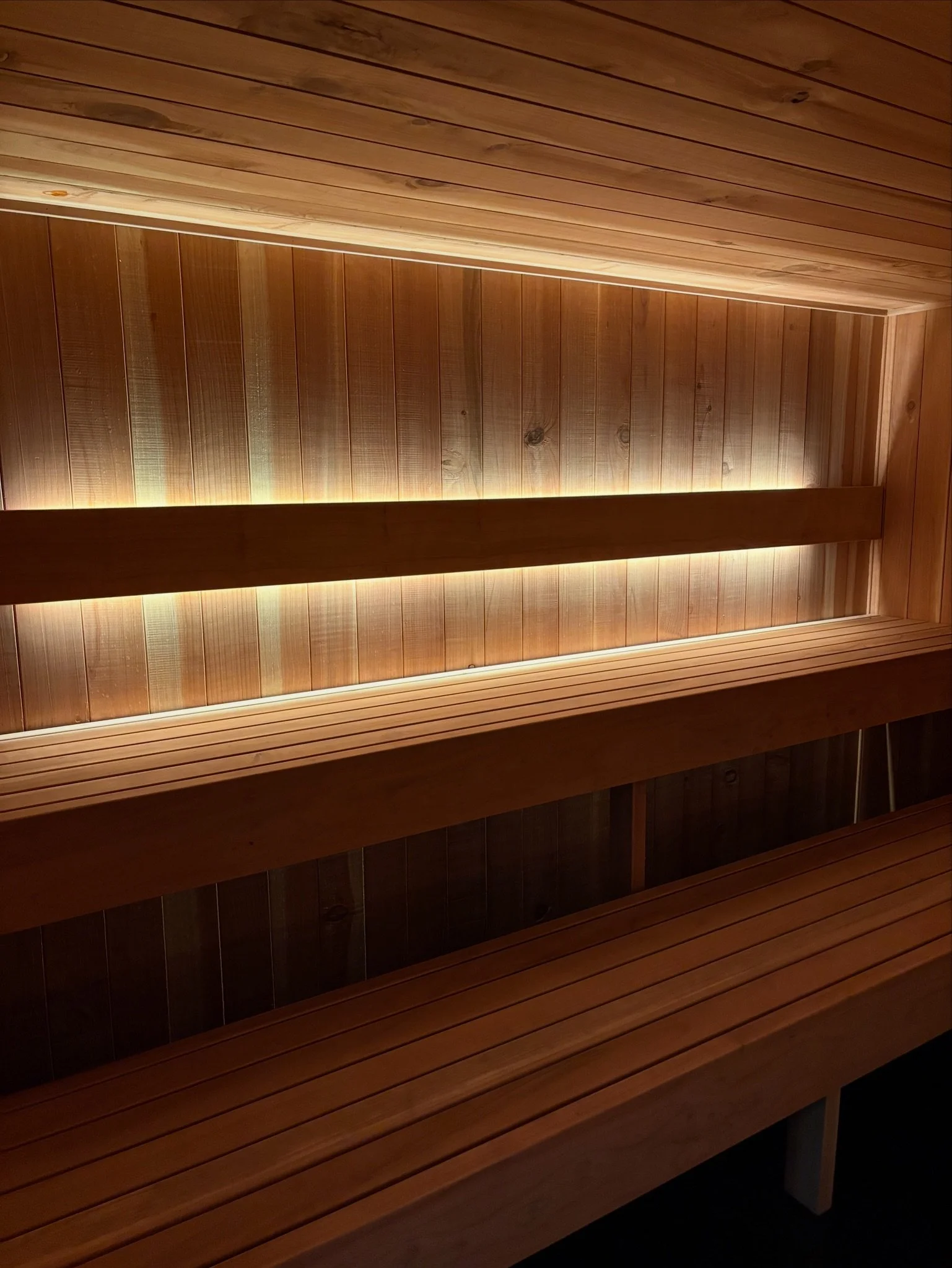 Close-up of a wooden sauna interior with horizontal wooden planks and LED strip lighting.