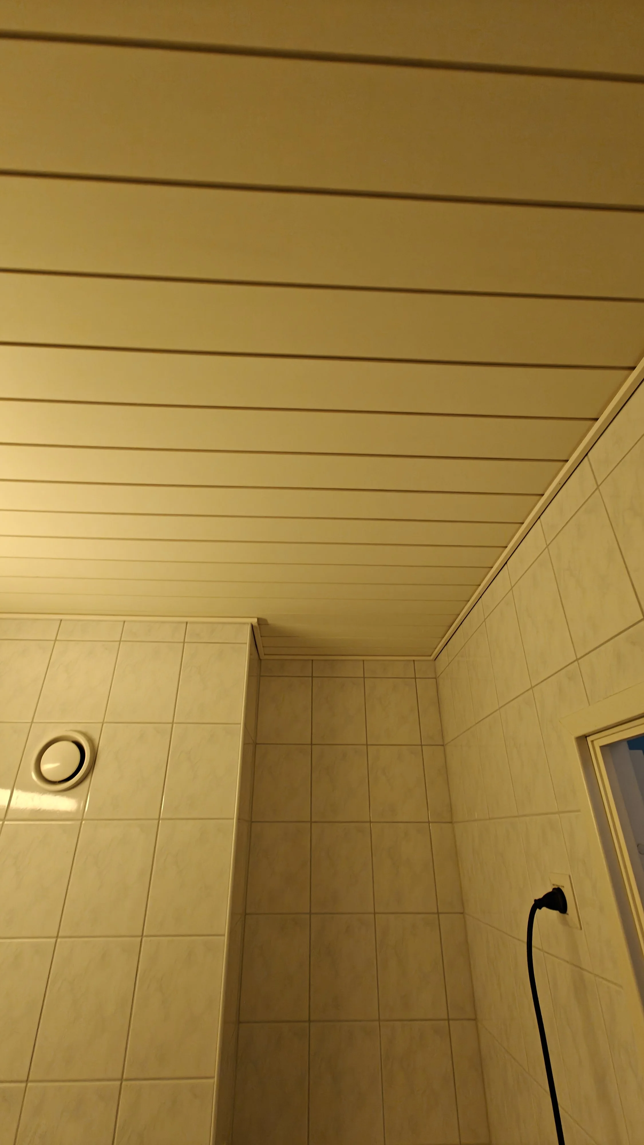 Kuva kylpyhuoneen katosta, seinästä ja valaisimesta.