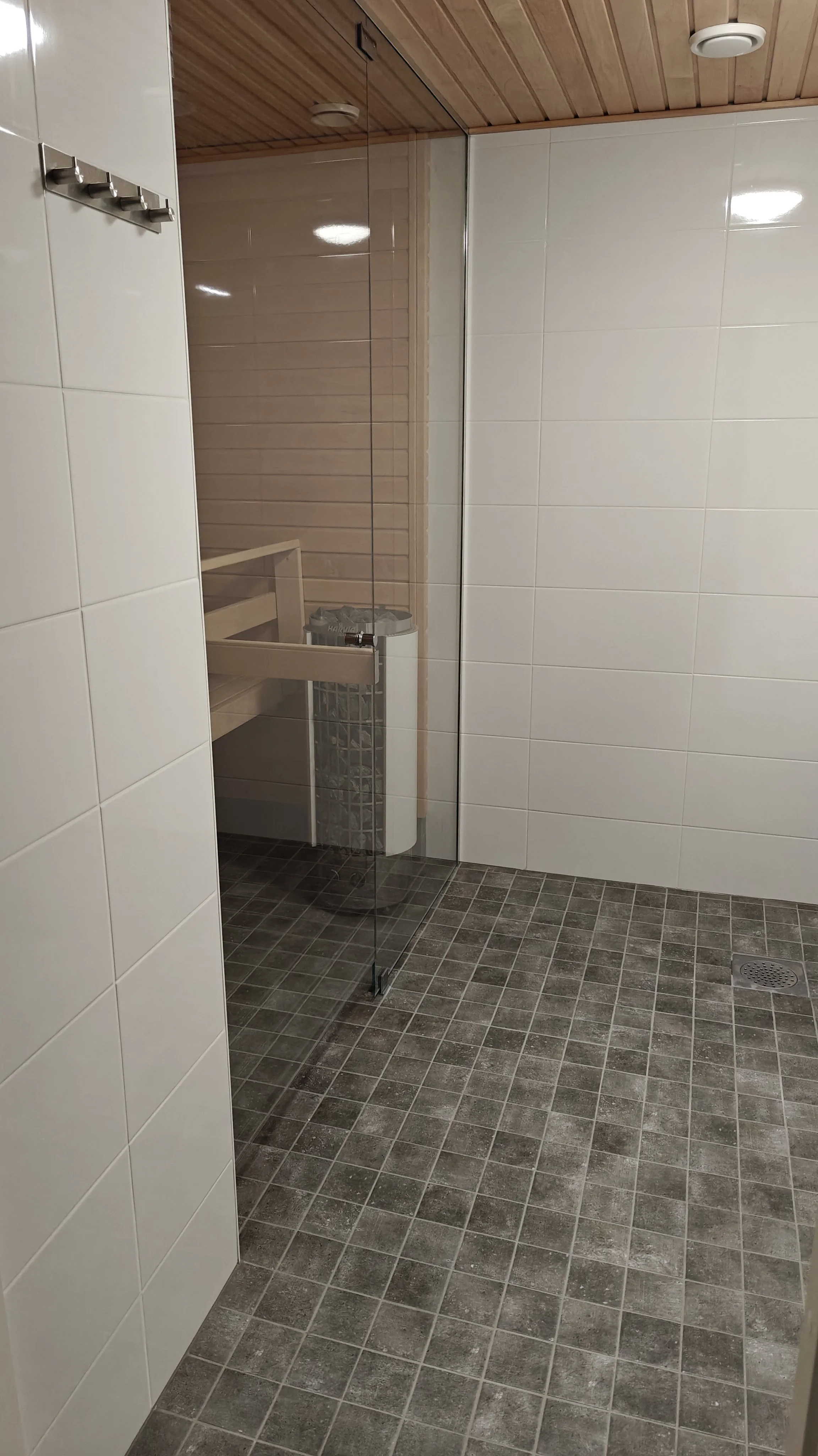 Kylpyhuone, jossa suihku ja sauna, lasinen suihkuseinä ja harmaat lattialaatat.