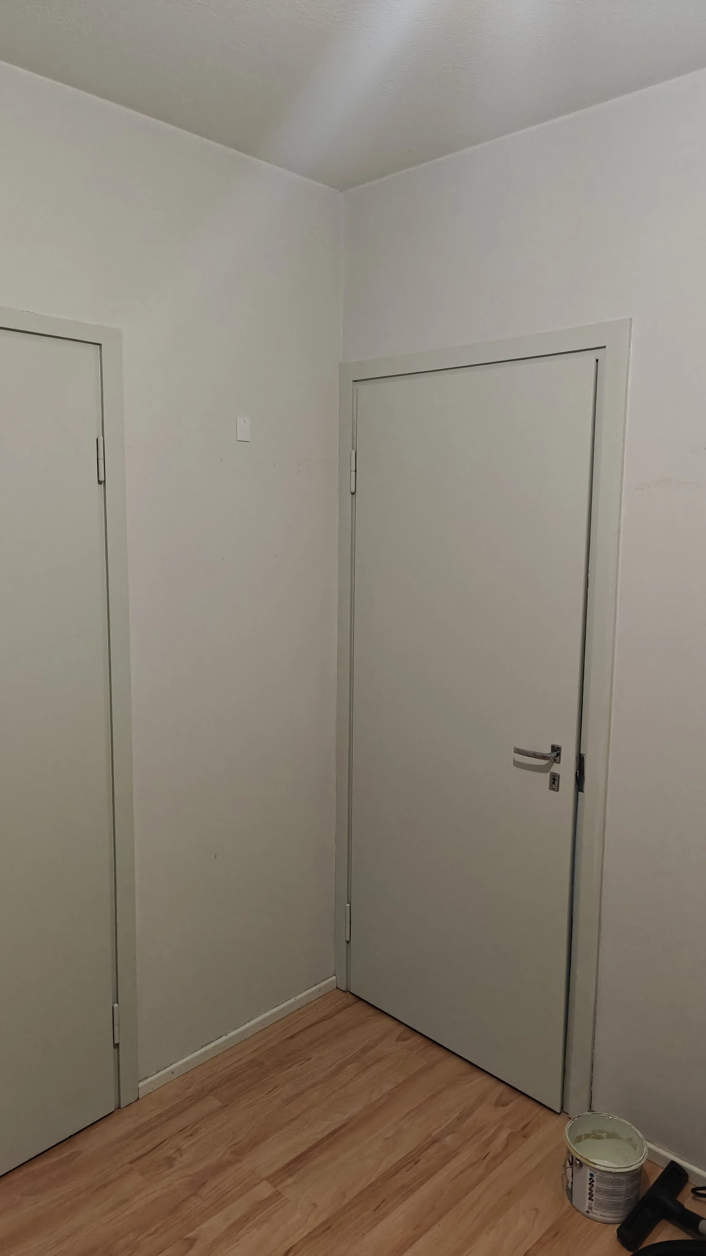 Valkoinen sisäovi ja toinen oviaukko, vaalea laminaattilattia, maalipullon ja työkaluja lattialla.