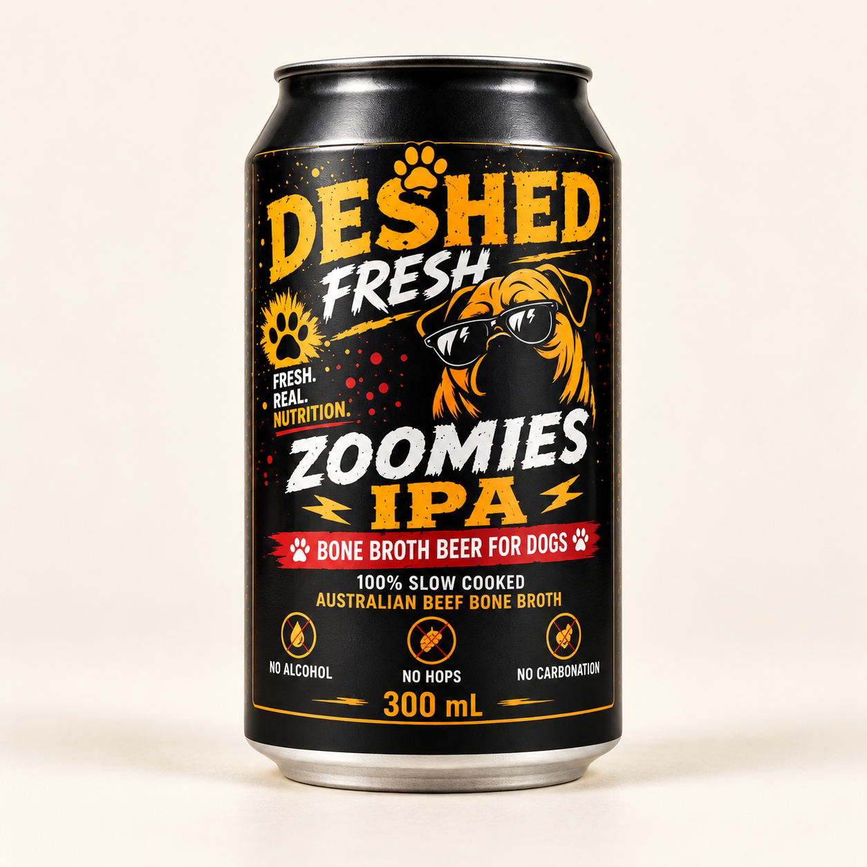 Deshed Fresh Zoomies IPA 300 mL can of Australian beef bone broth beer for dogs