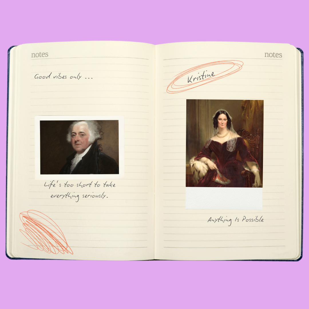 Open notebook with handwritten notes and two portrait paintings, one of a man with white hair and the other of a woman named Kristine. The notebook has purple background and notes say 'Good vibes only...' and 'Life's too short to take everything seriously.' along with the words 'Kristine' and 'Anything is Possible'.