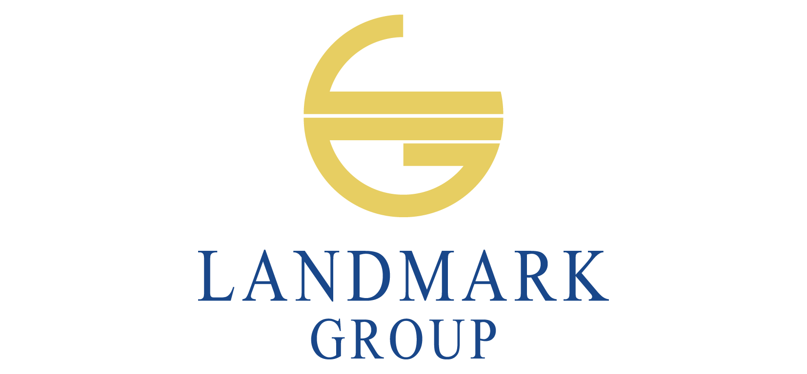 Logo of Landmark Group, featuring a gold stylized letter 'G' with a horizontal line, and the word 'LANDMARK GROUP' in navy blue capital letters beneath.