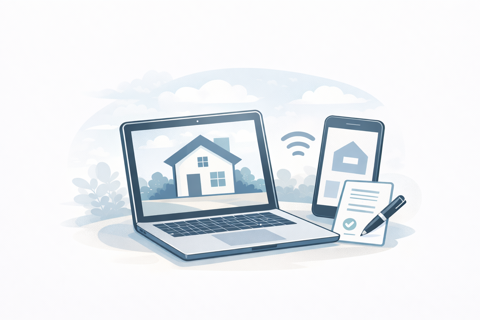 ノートパソコン、スマートフォン、タブレットと紙の書類にペンが置かれており、家の画像が表示されている。