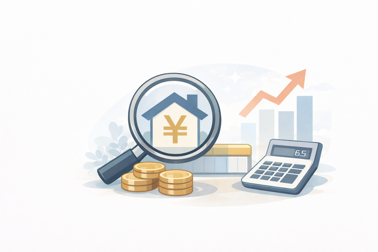 住宅とコイン、拡大鏡、電卓、上昇グラフのイラスト。