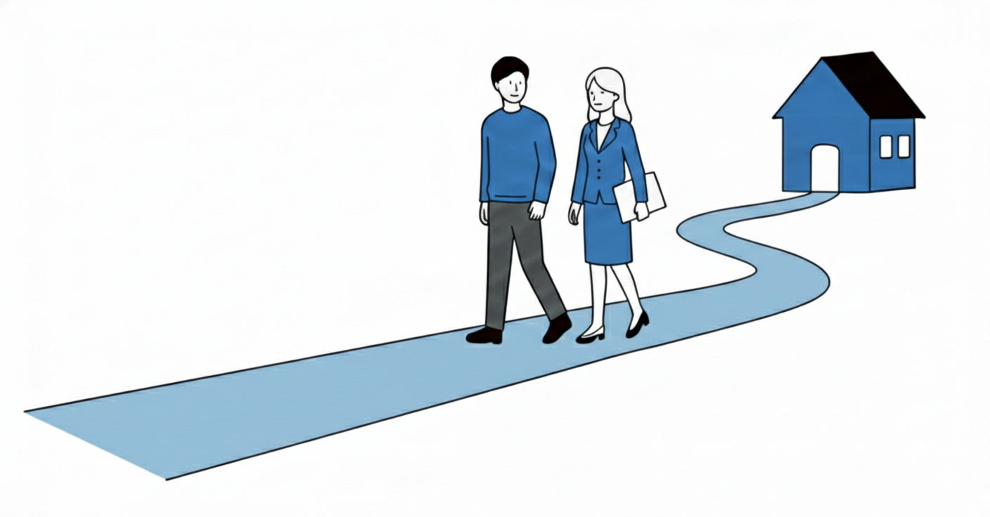 青い服を着た男の人と青いスーツの女の人が歩いている。家に続く曲がりくねった道が描かれている。